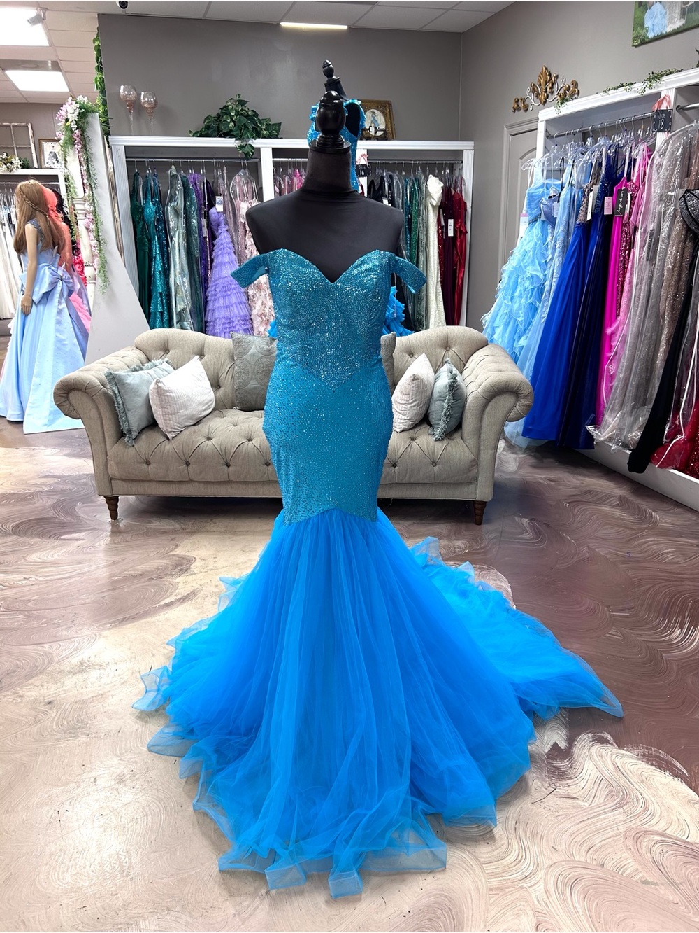 Portia and Scarlett Turquoise Off-Shoulder Mermaid Prom Dress